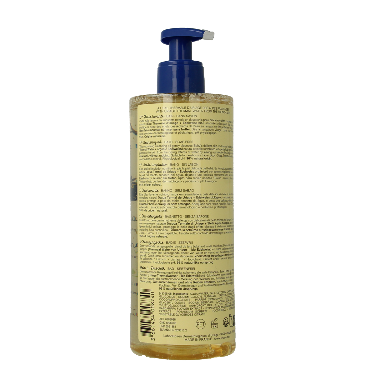 Uriage Bébé 1ère Huile Lavante FP, gentle baby and toddler cleansing oil in a 500ml bottle, suitable for delicate skin.