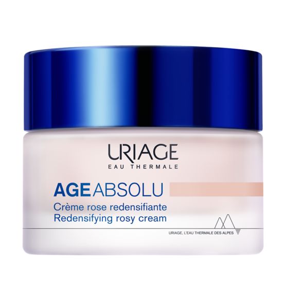 Uriage Age Absolu Rose face cream in 50ml jar, facial skincare product with pink packaging and smooth texture.