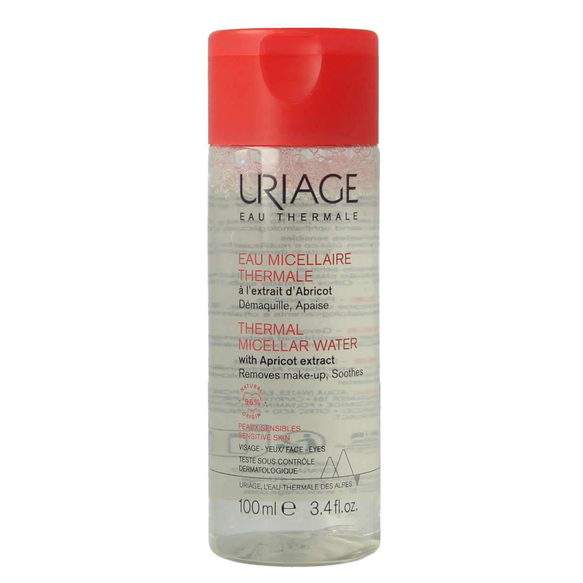 Uriage Thérmaal Micellar Water for sensitive skin, 100ml, gentle facial cleanser in a clear bottle with a white cap.