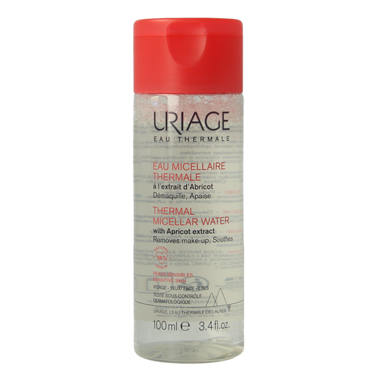 Uriage Thérmaal Micellar Water for sensitive skin, 100ml, gentle facial cleanser in a clear bottle with a white cap.
