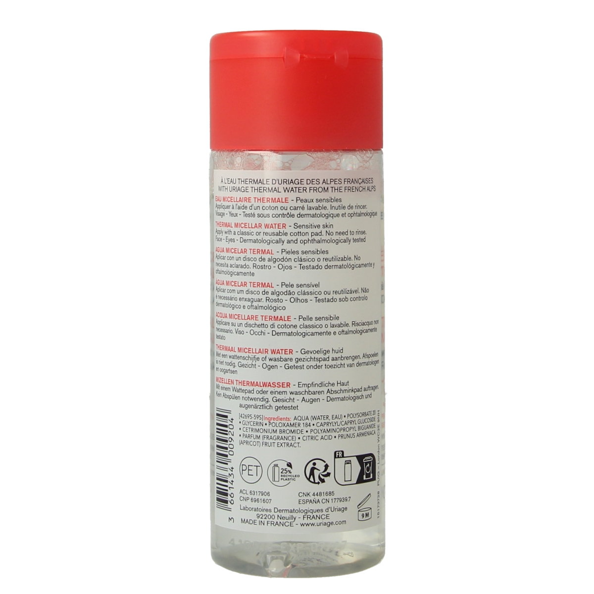 Uriage Thermaal Micellar Water for sensitive skin in a 100ml bottle, gentle facial skincare product with thermal spring water.
