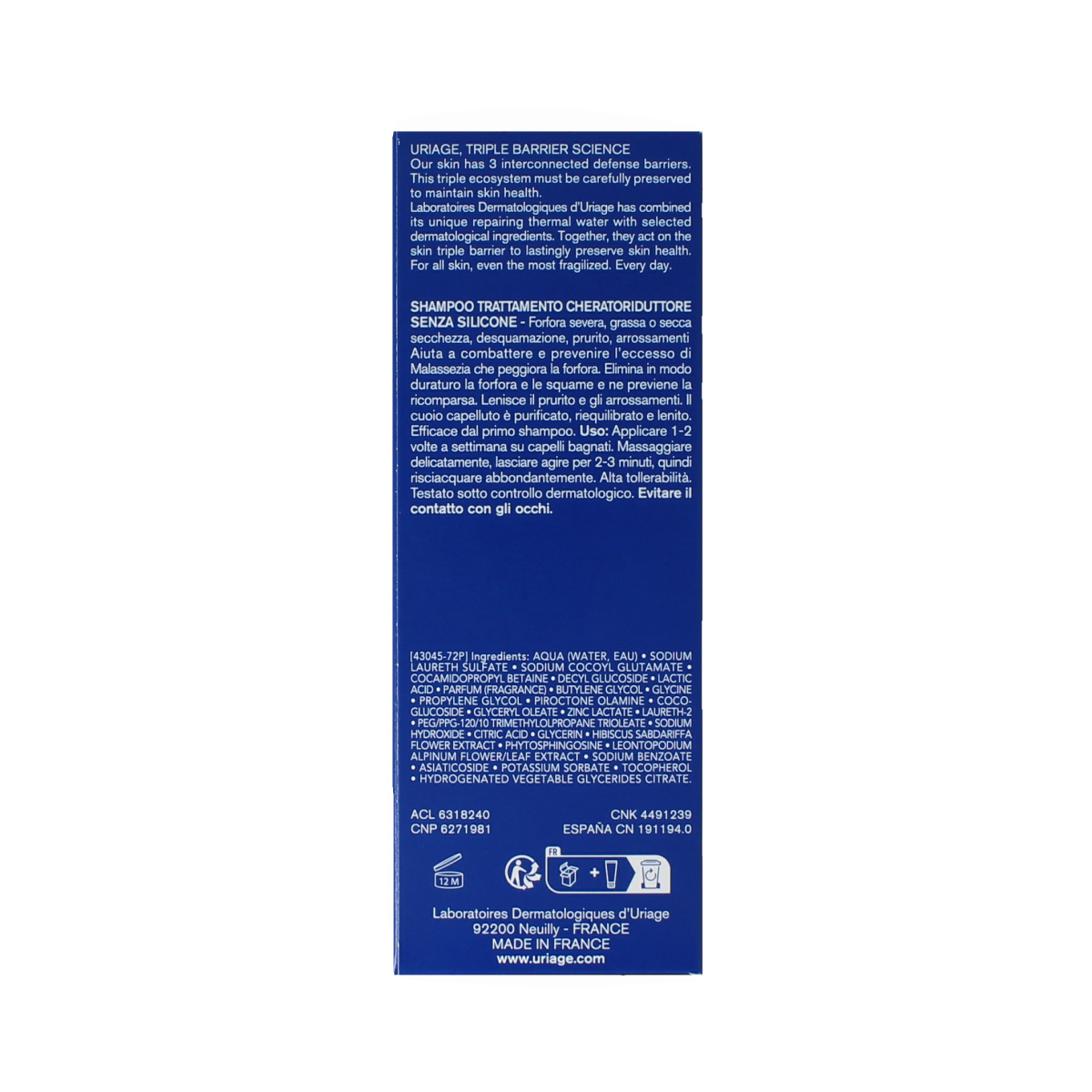 Uriage DS Hair Shampoo Keratoreducteur bottle, 150ml, for scalp and hair care, with a white and blue label.