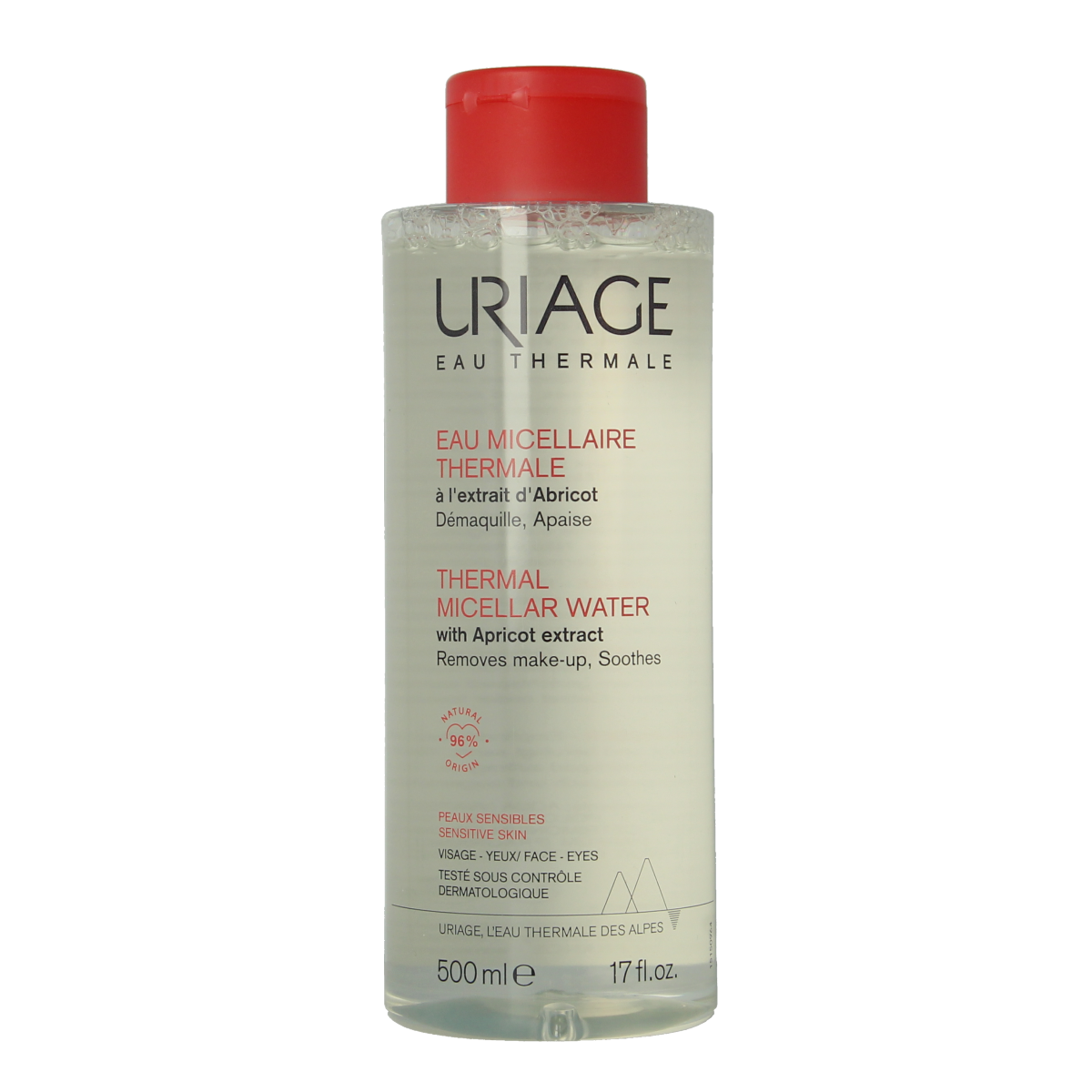 Uriage Thérmaal Micellar Water for sensitive skin in a 500ml bottle, gentle facial cleansing and makeup removal.