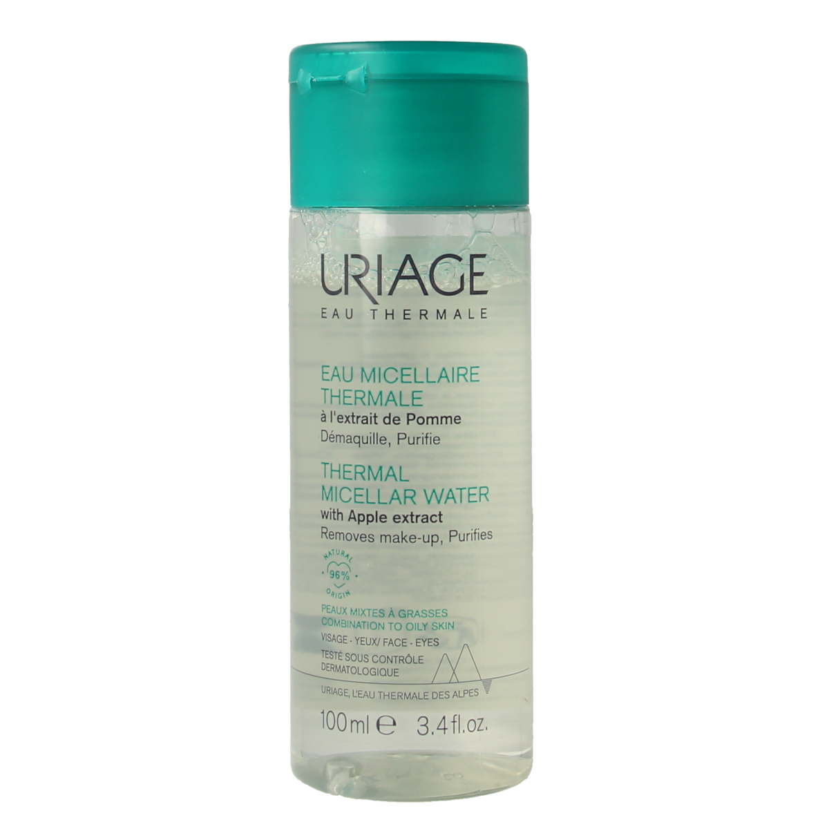 Uriage Thermaal Micellar Water for combination to oily skin in 100ml bottle, gentle facial cleansing product