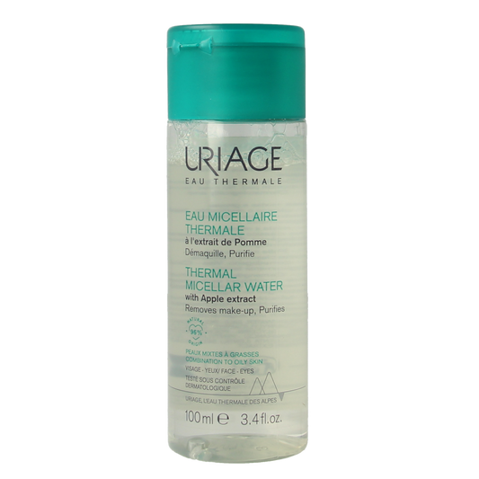 Uriage Thermaal Micellar Water for combination to oily skin in 100ml bottle, gentle facial cleansing product