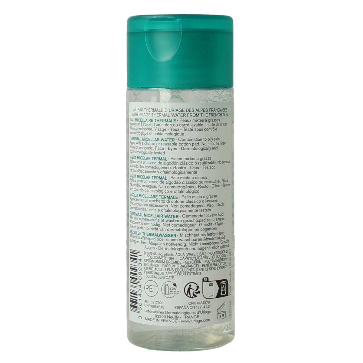 Uriage Thermaal Micellair Water for mixed to oily skin in a 100ml bottle, gentle facial cleansing product.