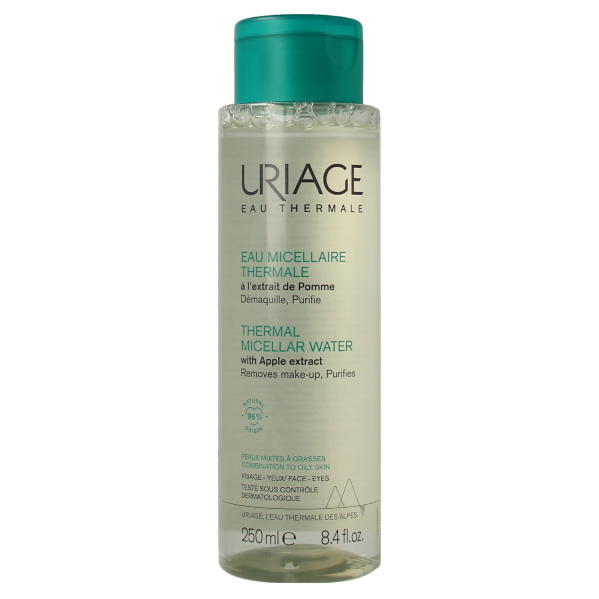 Uriage Thermaal Micellair Water for mixed to oily skin in a 250ml bottle, gentle facial skincare product.