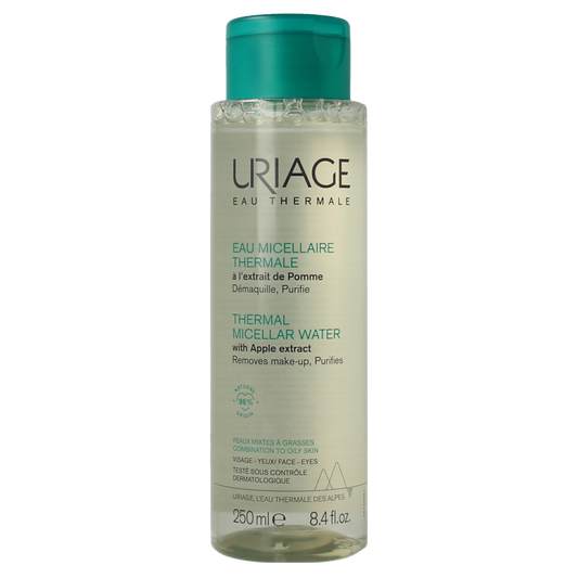 Uriage Thermaal Micellair Water for mixed to oily skin in a 250ml bottle, gentle facial skincare product.