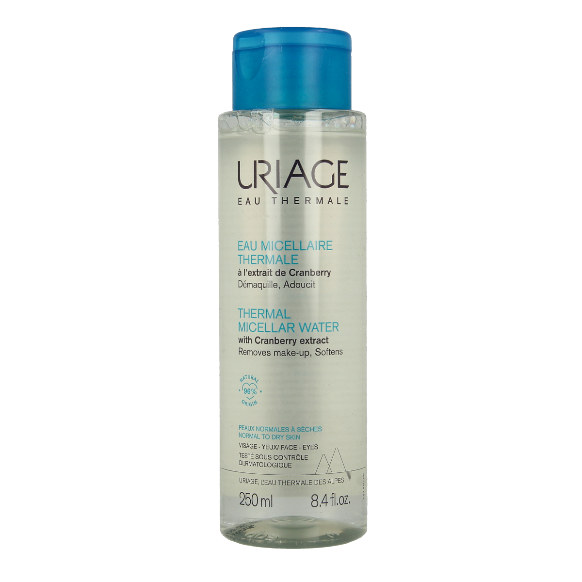 Uriage Thermaal Micellar Water for normal to dry skin in a 250ml bottle, facial skincare product with gentle cleansing formula.