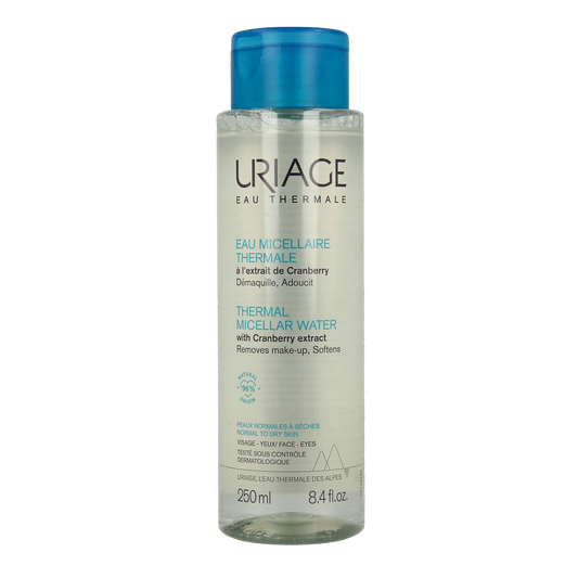 Uriage Thermaal Micellar Water for normal to dry skin in a 250ml bottle, facial skincare product with gentle cleansing formula.