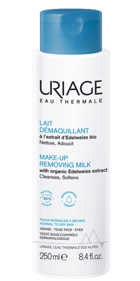 Uriage Thérmaal Water Make-up Verwijder Melk, 250ml, gezichtsverzorging product with white packaging and pump dispenser.