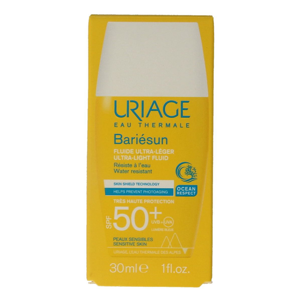 Uriage Sun Ultra Fluide SPF50 sunscreen in 30ml bottle, lightweight sun protection lotion with broad-spectrum SPF.