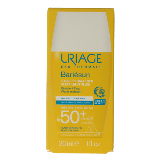 Uriage Sun Ultra Fluide SPF50 sunscreen in 30ml bottle, lightweight sun protection lotion with broad-spectrum SPF.