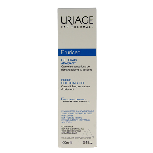 Uriage Pruriced gel for body care, 100ml, soothing skincare product with a clear gel texture and Uriage branding.