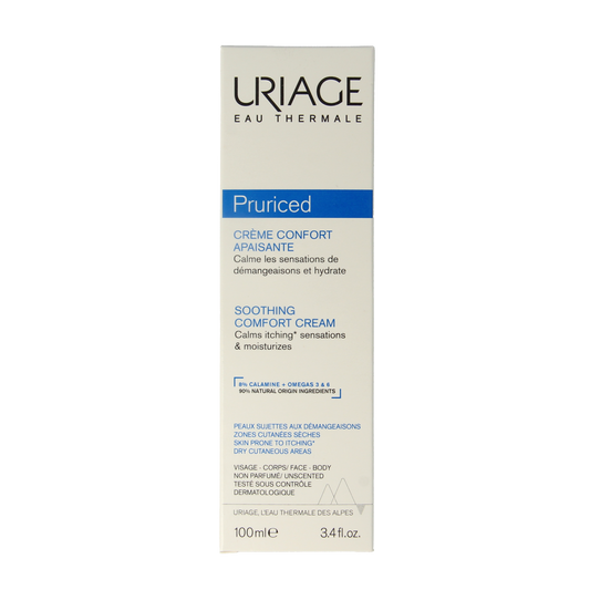 Uriage Pruriced body cream in 100ml tube, moisturizing and soothing skin care product for itchy or irritated skin.