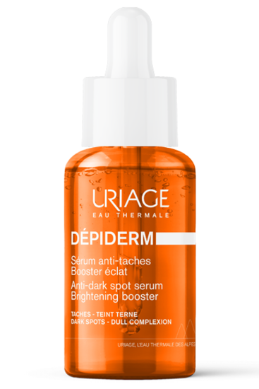 Uriage Depiderm serum booster in 30ml bottle, facial skincare product with a clear, pump dispenser and white packaging.