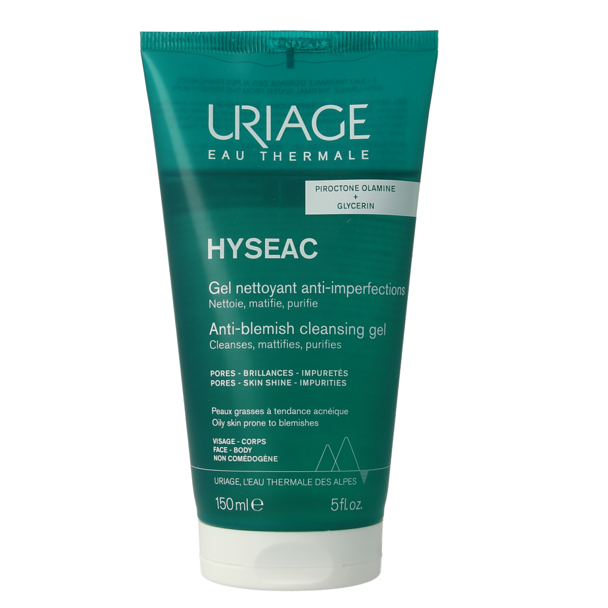 Uriage Hyseac facial cleansing gel in a 150ml bottle, gentle skincare product for oily and acne-prone skin.