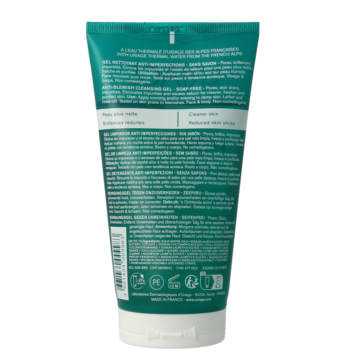 Uriage Hyseac facial cleansing gel in a 150ml tube, gentle skincare product for oily and acne-prone skin.