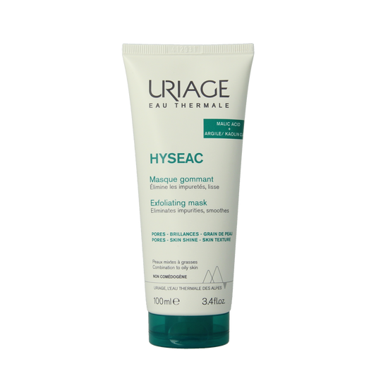 Uriage Hyseac exfoliating face mask in 100ml jar, designed for deep cleansing and skin refreshment.