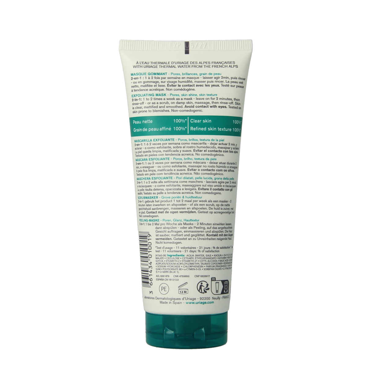 Uriage Hyseac exfoliating facial mask in 100ml tube, skincare product for deep cleansing and pore purification.
