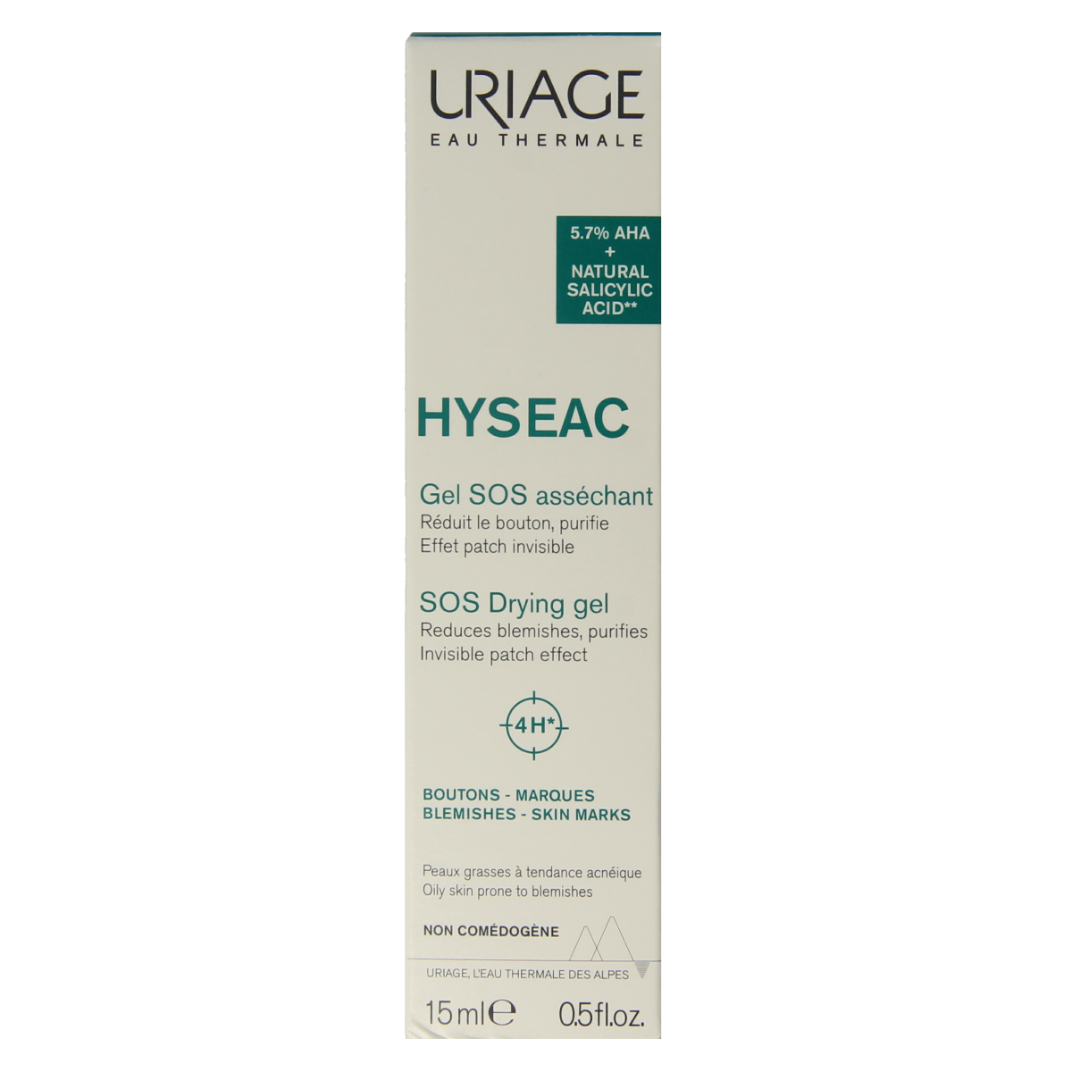 Uriage Hyseac SOS drooggel in 15ml tube, facial skincare product for blemish treatment, with blue and white packaging.