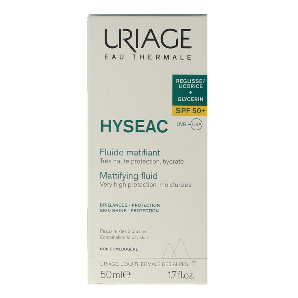 Uriage Hyseac SPF50+ sun protection fluid in 50ml bottle, designed for skin sun protection and skincare.