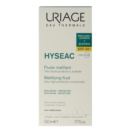 Uriage Hyseac SPF50+ sun protection fluid in 50ml bottle, designed for skin sun protection and skincare.