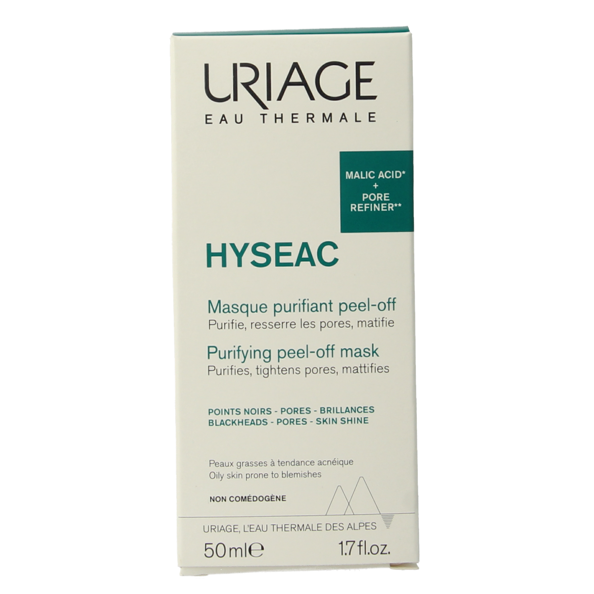 Uriage Hyseac peel-off masker in a 50ml tube, facial skincare product with a white and blue design, ready to be applied.