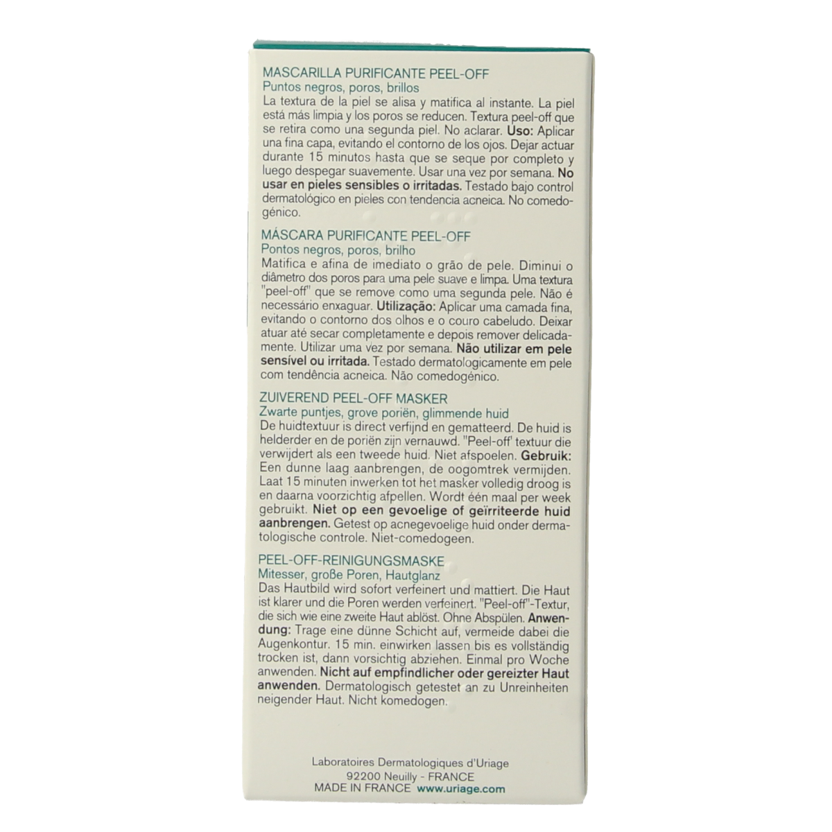 Uriage Hyseac peel-off masker in a 50ml tube, designed for facial skincare and deep cleansing.