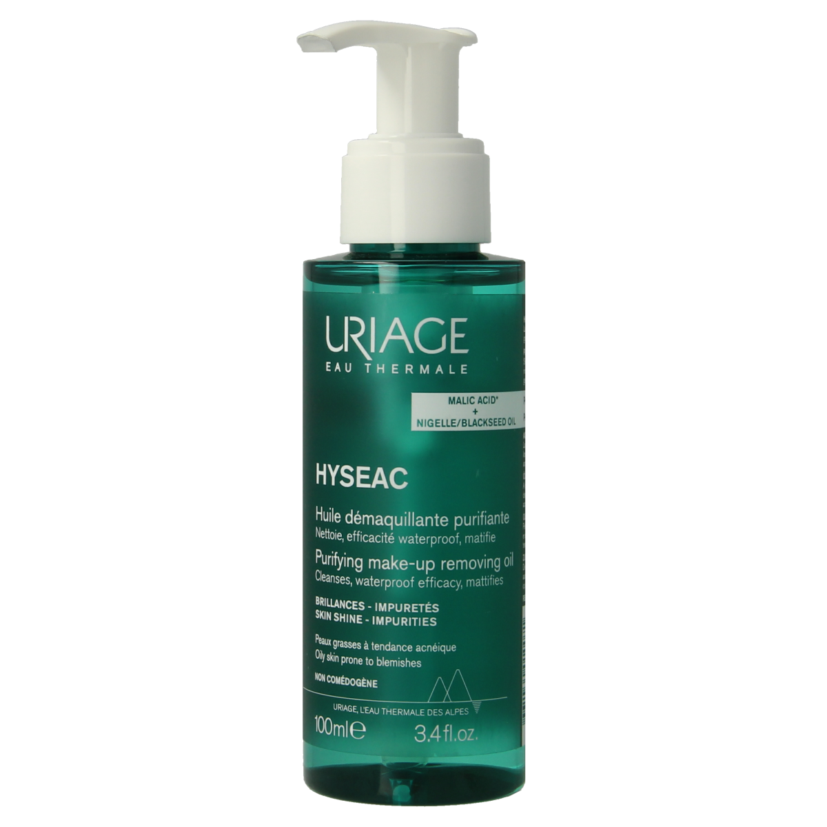 Uriage Hyseac zuiverende olie voor het gezicht, 100 ml, gezichtverzorgingsproduct met zuiverende eigenschappen, zichtbaar in de afbeelding.