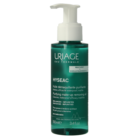 Uriage Hyseac zuiverende olie voor het gezicht, 100 ml, gezichtverzorgingsproduct met zuiverende eigenschappen, zichtbaar in de afbeelding.