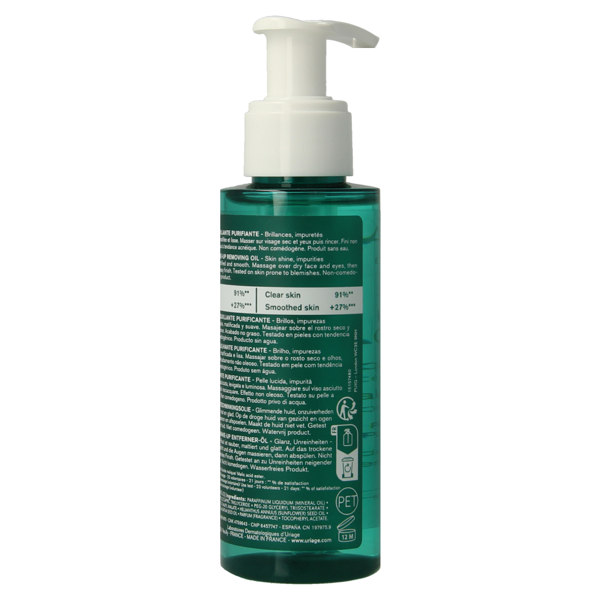 Uriage Hyseac zuiverende gezichtsolie in een 100 ml fles, geschikt voor huidverzorging en acne-gevoelige huid.