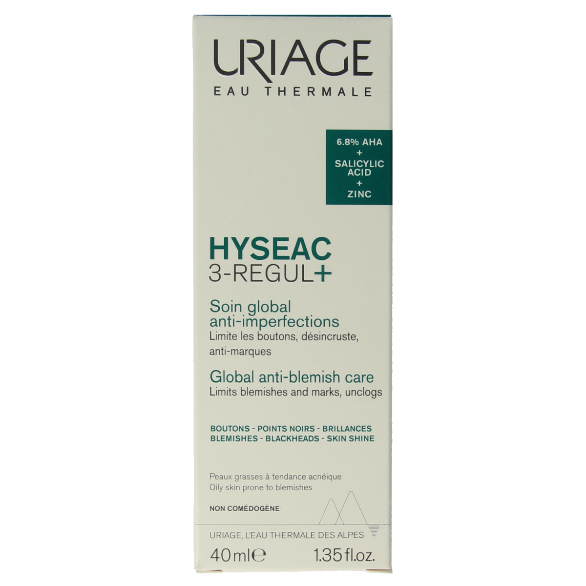 Uriage Hyseac 3-Regul+ facial skincare tube, 40ml, for oily and acne-prone skin, with clear packaging and product details.