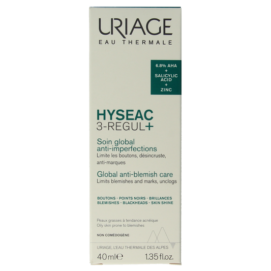 Uriage Hyseac 3-Regul+ facial skincare tube, 40ml, for oily and acne-prone skin, with clear packaging and product details.