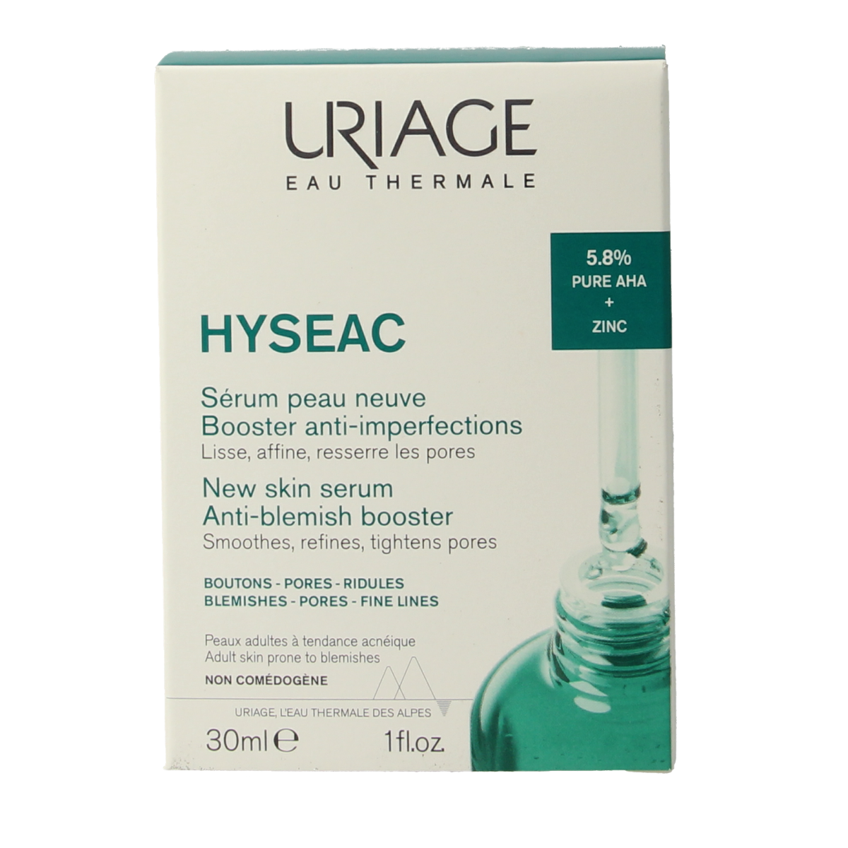 Uriage Hyseac serum for onzuiverheden, 30ml, facial skincare product in a clear bottle with a pump dispenser.