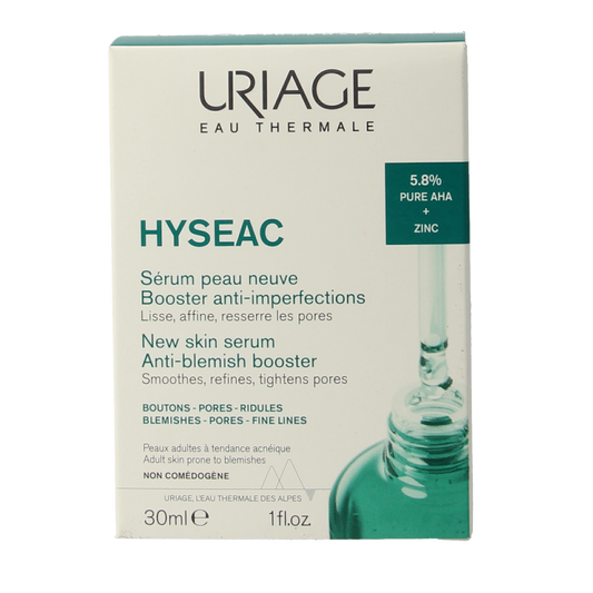 Uriage Hyseac serum for onzuiverheden, 30ml, facial skincare product in a clear bottle with a pump dispenser.