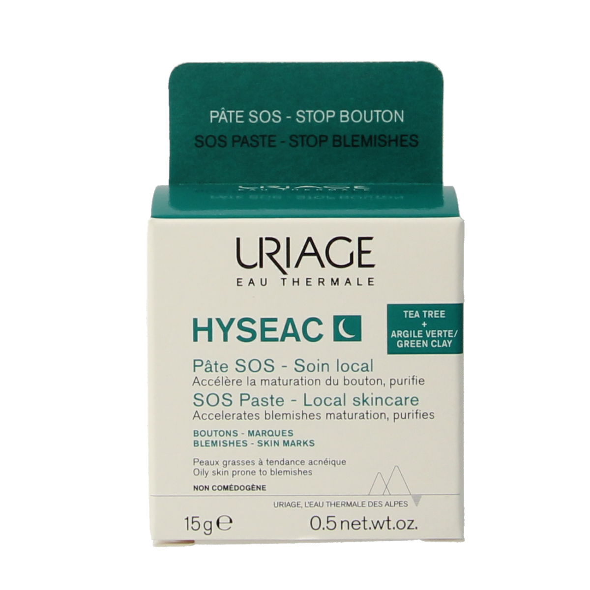 Uriage Hyseac SOS pasta in 15g tube, facial skincare product for blemish treatment, with white and blue packaging.