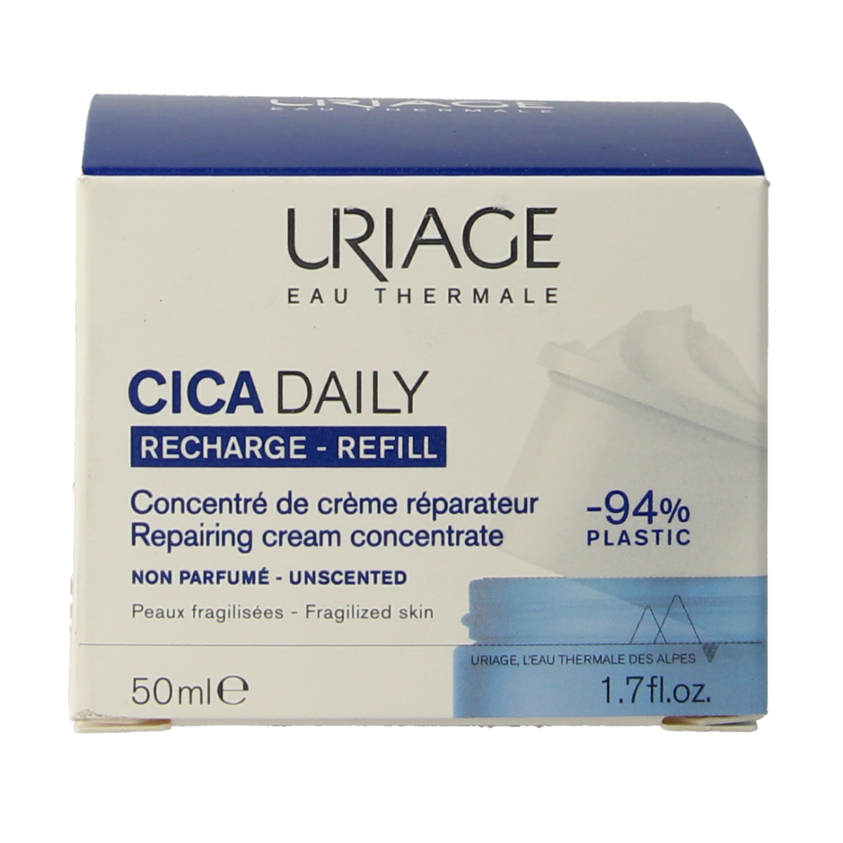 Uriage Cica Daily Creme Recharge 50ml jar, moisturizing facial skincare product with smooth, soothing texture.