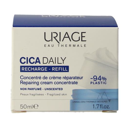 Uriage Cica Daily Creme Recharge 50ml jar, moisturizing facial skincare product with smooth, soothing texture.
