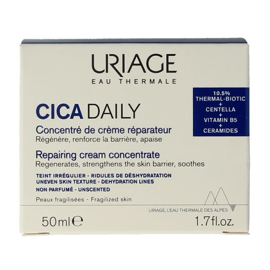 Uriage Cica daily cream concentrate in 50ml jar, facial skincare product with a white and blue container, for skin soothing and repair.