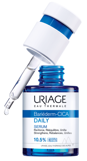 Uriage Bariederm Cica Serum 30ml, facial skincare product with soothing and repairing properties, in a clear bottle with a pump.