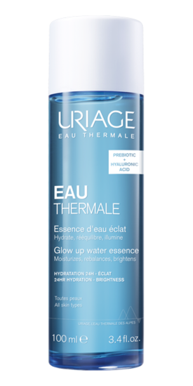 Uriage Thermal Water Essence in a 100ml bottle, facial skincare product with clear liquid and minimalist label.