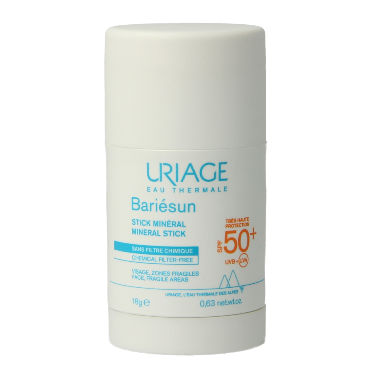 Uriage Bariesun SPF50+ mineral sun stick, 18g, with a white twist-up packaging, designed for sun protection on skin.