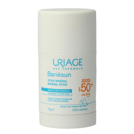 Uriage Bariesun SPF50+ mineral sun stick, 18g, with a white twist-up packaging, designed for sun protection on skin.