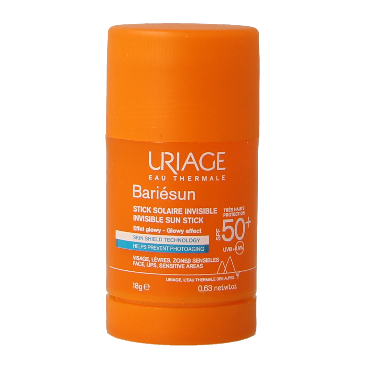 Uriage Bariesun SPF50+ Invisible Glow sun stick, 18g, with a smooth, glowing finish and portable design for sun protection.