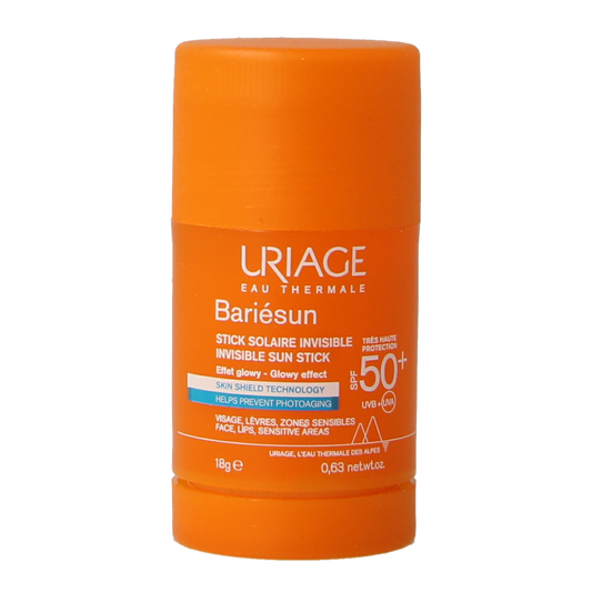 Uriage Bariesun SPF50+ Invisible Glow sun stick, 18g, with a smooth, glowing finish and portable design for sun protection.