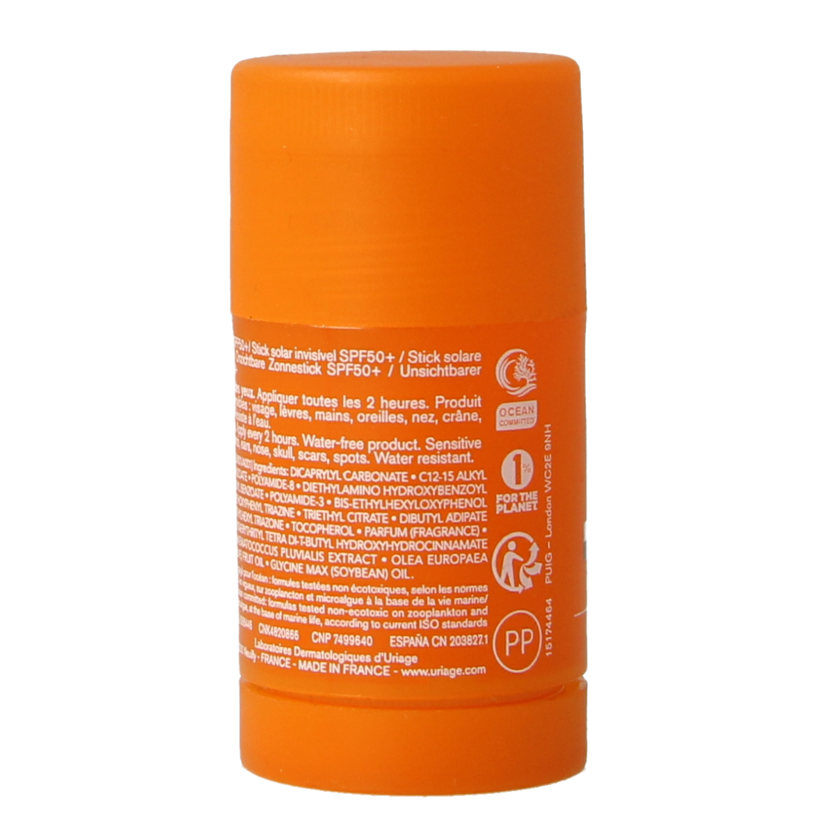 Uriage Bariesun SPF50+ invisible glow sunscreen stick, 18g, with smooth white application visible on skin.