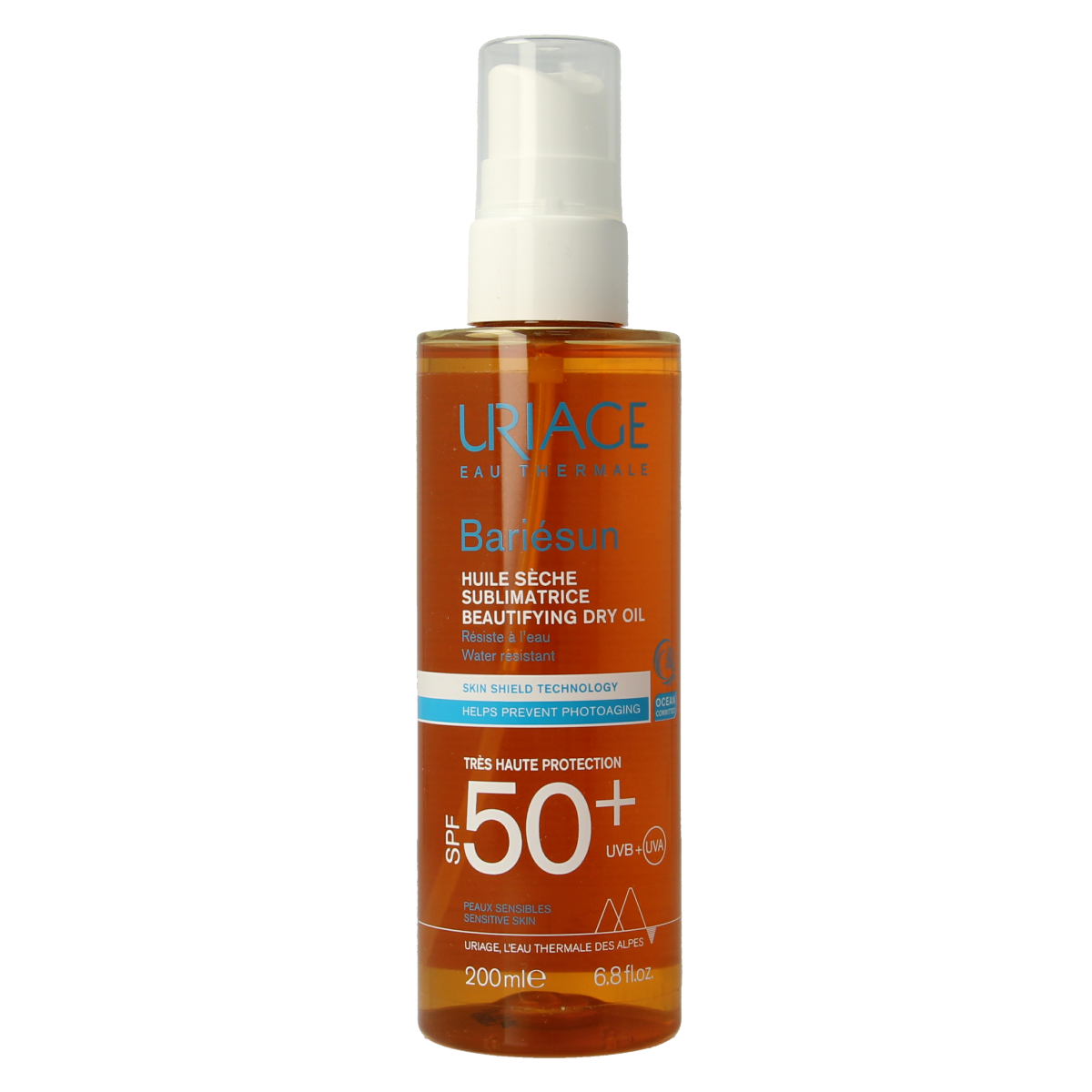 Uriage Bariesun SPF50+ oil bottle, 200ml, for sun protection, featuring a sleek design and clear labeling on the packaging.