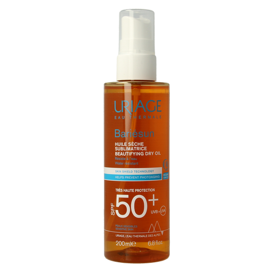 Uriage Bariesun SPF50+ oil bottle, 200ml, for sun protection, featuring a sleek design and clear labeling on the packaging.