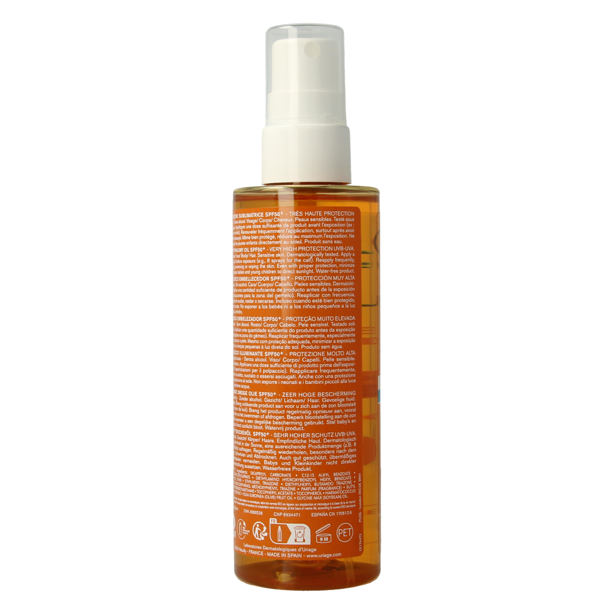 Uriage Bariesun SPF50+ oil bottle, 200ml, with sun protection label and nozzle cap, designed for sun protection.